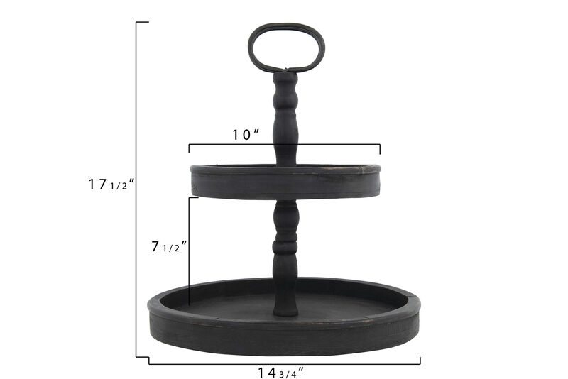 Distressed Blackwashed Wood 2-Tier Tray with Metal Handle image number 2