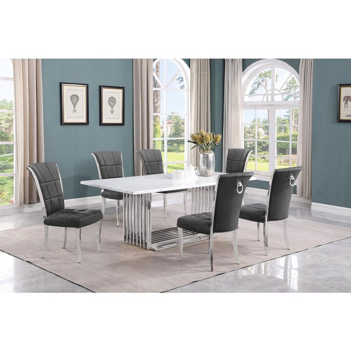 7pc Large(79") marble top dining set with silver base and 6 Dark grey chairs