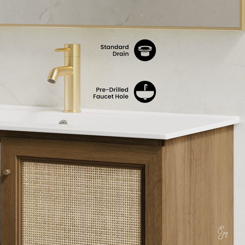 36" Wall-Mounted Bathroom Vanity in Brown Oak with Single Faucet Hole Vanity Top image number 8