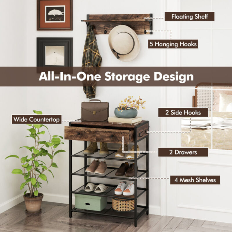 Set 5-Tier Shoe Rack with Wall-Mounted Coat Hanger For Entryway