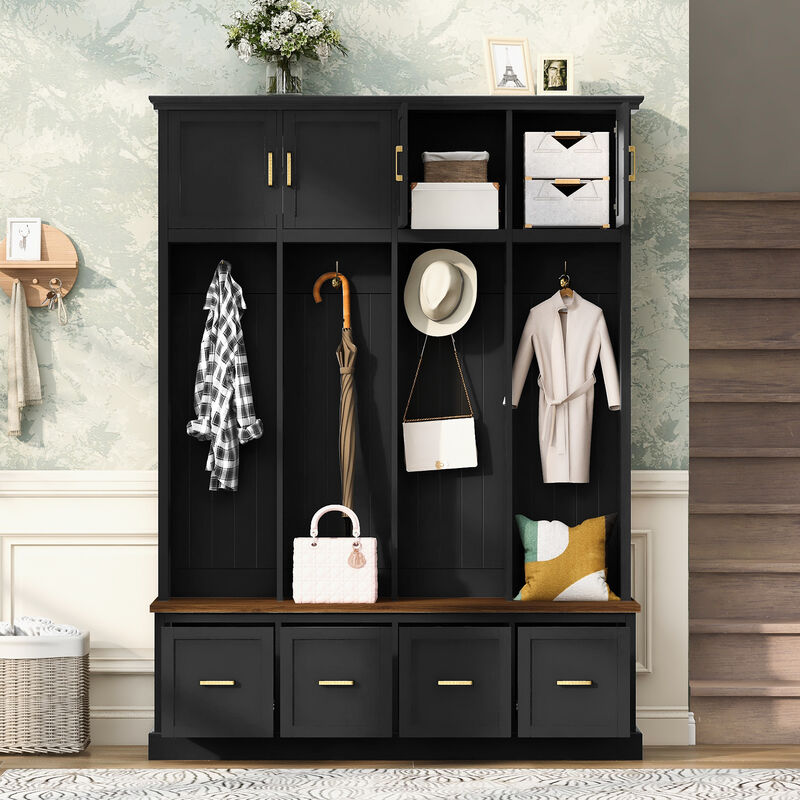 Merax All-in-One Entryway Hall Tree with Hanging Hooks, Upper Cabinet, 3 Drawers & Seating Bench image number 1