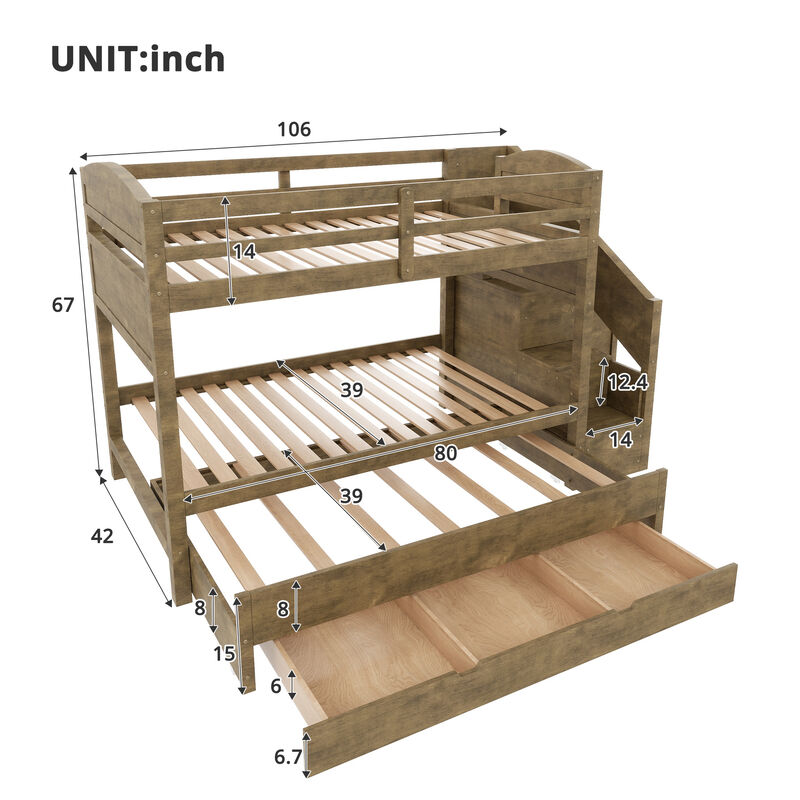 Merax Twin XL White Bunk Bed with Trundle, Storage Staircase, Drawers & Wardrobe image number 4