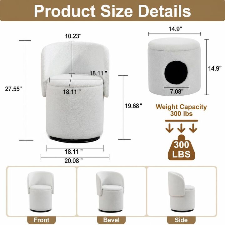 GOODSILO 360-Degree Swivel Upholstered Barrel Chair with Built-in Storage, Multi-Functional Stool for Bedroom Dining, Bonus Cat Bed