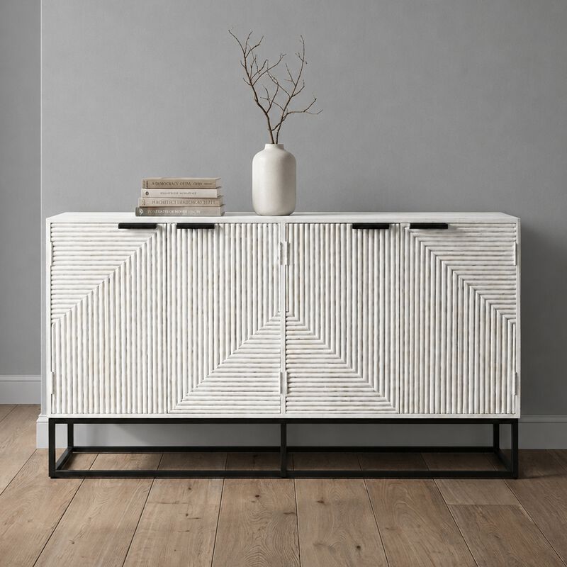 Seya 4 Door Sideboard Console, Fluted Front, Antique White Mango Wood, Black Iron Base, 60 Inch image number 5