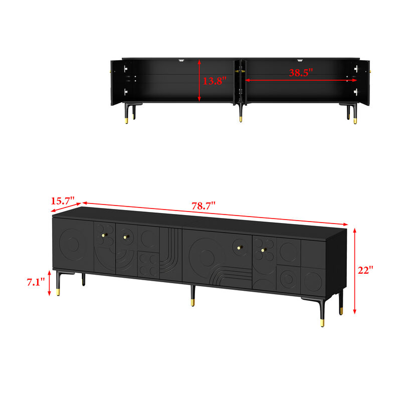 FUFU&GAGA Modern TV Stand with Large Storage Capacity, Formed Geometric Embossing and Gold Conical Handles, (78.7 in. W x 15.7 in. D x 22 in. H), Black