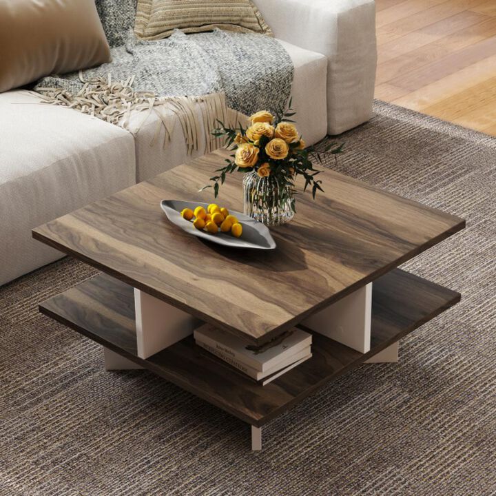 Hivvago 2-Tier Square Coffee Table with 4 Storage Compartments-Walnut