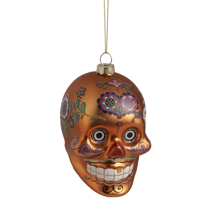 4" Orange Day of the Dead Glass Skull Halloween Ornament