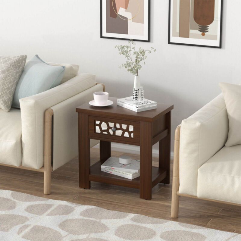 Wood Retro End Table with Mirrored Glass Drawer and Open Storage Shelf