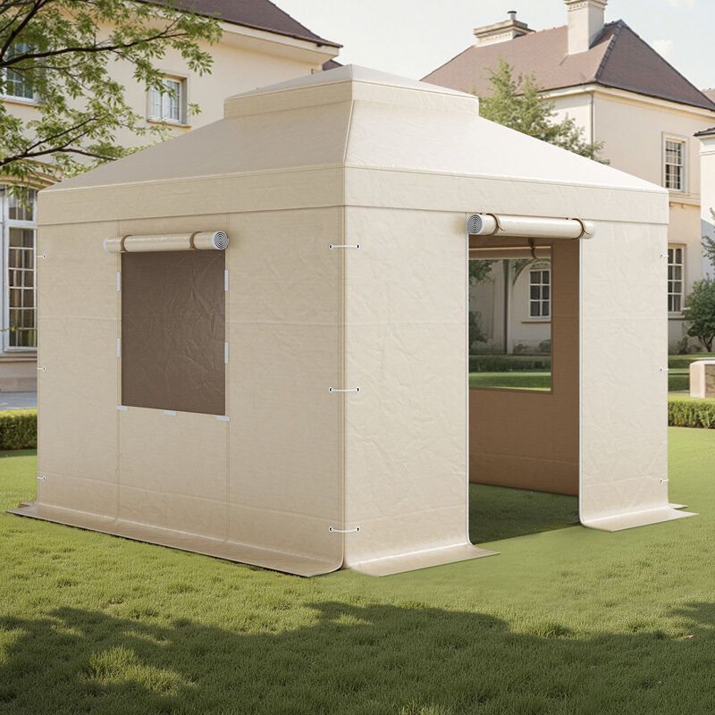 PE Gazebo Winter Cover with Sidewalls, Double-Tier Roof & Mesh Window Enclosure-Beige image number 3
