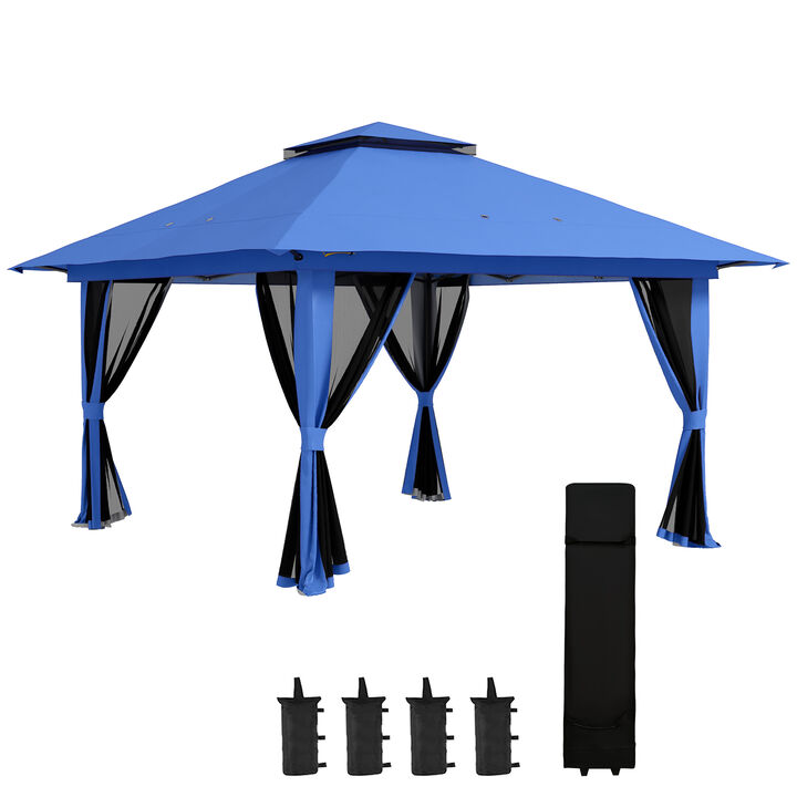 Outsunny 13' x 13' Pop Up Gazebo with Netting, Instant Canopy Tent Shelter with 2-Tier Roof,  Wheeled Carry Bag, Water/Sand Bag for Outdoor, Garden, Parties, Blue
