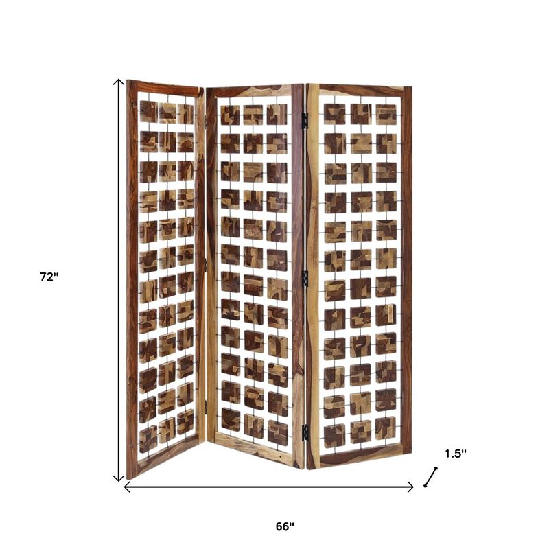 HomeRoots 72" Brown Solid Wood Folding Three Panel Screen Room Divider image number 2