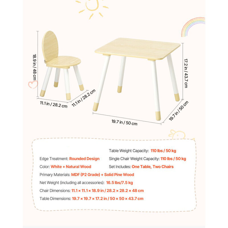 Kids Activity Table and 2 Chairs Set for Crafts, Reading and Drawing-Natural image number 2