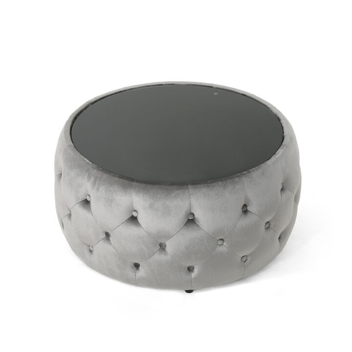 Streamdale Modern Glam Diamond Tufted Velvet Ottoman with Tempered Glass Top