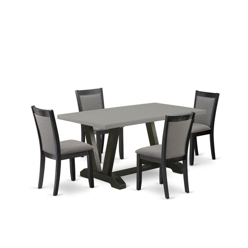 East West Furniture 5 Piece Kitchen Dining Table Set - A Cement Top Wood Dining Table with Trestle Base and 4 Dark Gotham Grey Linen Fabric Parson Chairs - Wire Brushed Black Finish