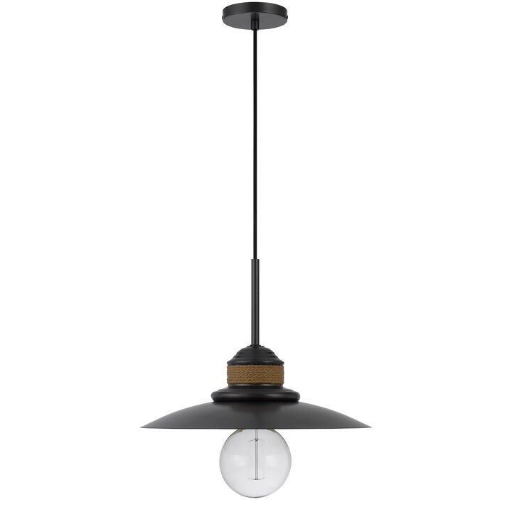 Oly 16 Inch Pendant Light w Burlap Rope Design, Dark Gray - Benzara