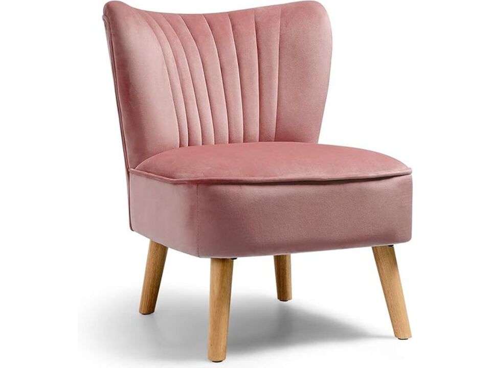 Accent Chair &ndash; Beige Velvet Modern Wingback Club Armchair with Wood Legs & Cushion