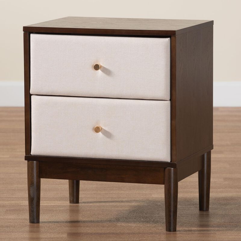 Baxton Studio Nikolai Mid Century Beige Fabric and Wenge Brown Wood 2 Drawer Nightstand