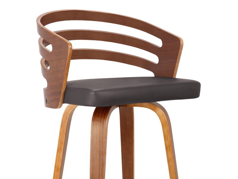 Leatherette Swivel Wooden Barstool with Curved Back, Brown-Benzara