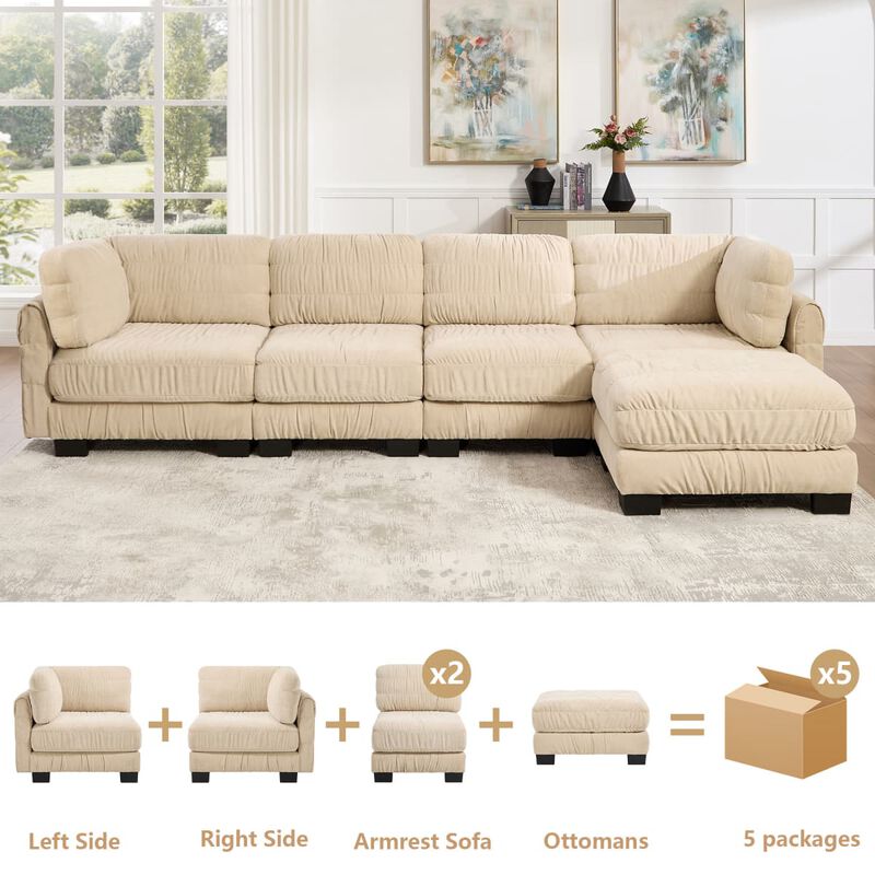 4 seat modular sectional sofa, Chenille L shaped sectional couch with ruched detailing, Modular sectional with movable ottoman image number 5