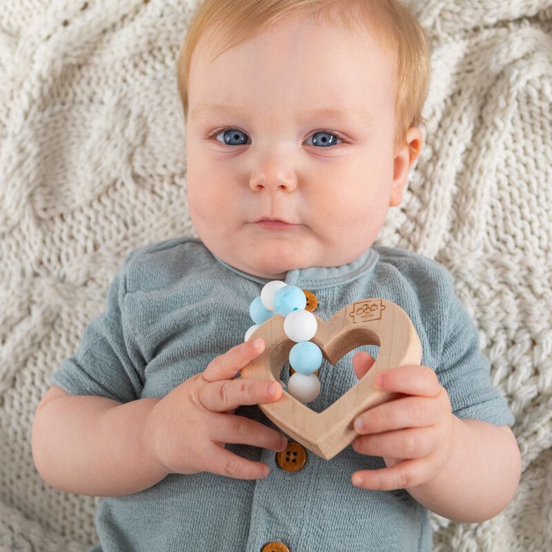 Silicone Bead Teether with Organic Cotton Bag - Heart with Blue Beads image number 3