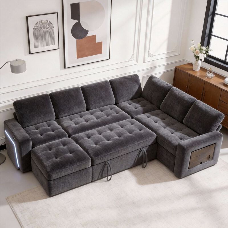 102" L-Shaped Chenille Modular Sectional Sleeper Sofa with Pullout Bed, Reclining Backrest, USB image number 9