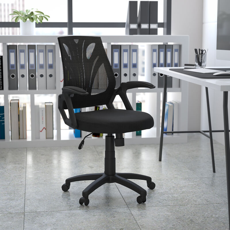 Sam Mid-Back Designer Black Mesh Swivel Task Office Chair with Open Arms image number 1