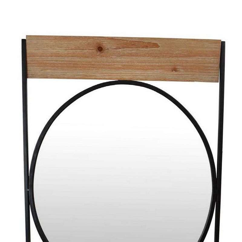 Feno Decorative Wall Mirror w Rack, 30 Inch Round Black Metal Frame