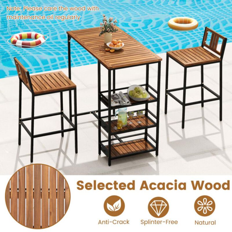 Hivvago 3 Pieces Outdoor Wood Bar Set with 3-Tier Storage Shelf and Metal Frame