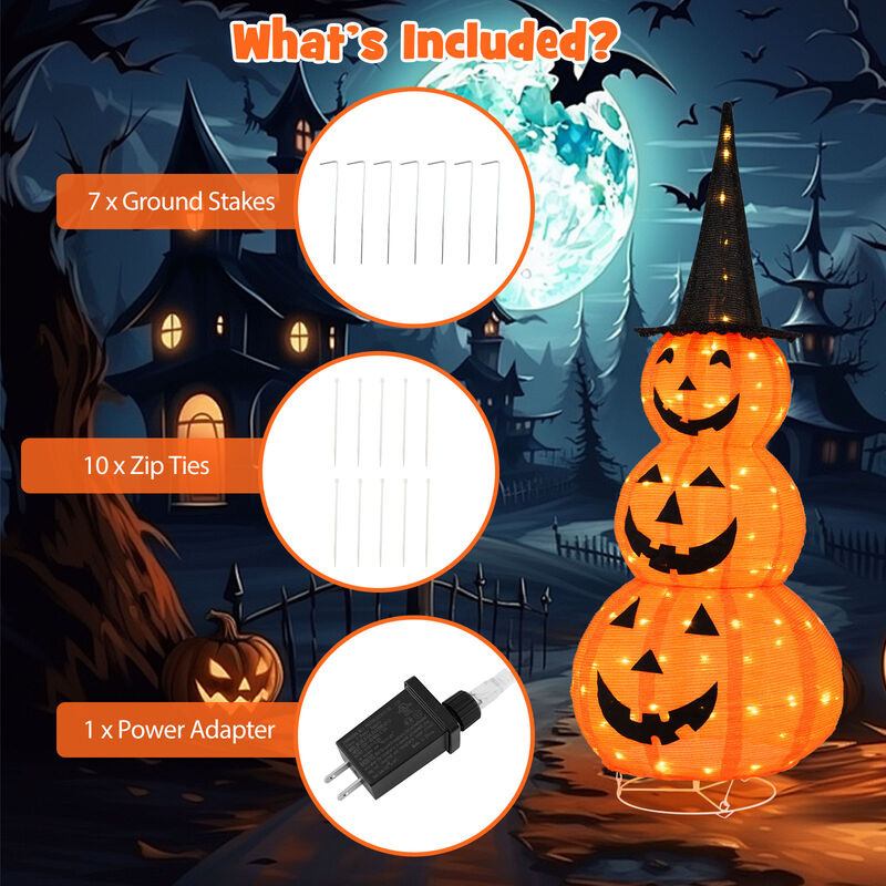 Lighted Stacked Pumpkins Halloween Decoration with Witch Hat image number 4