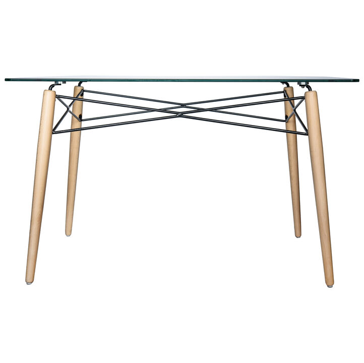 LeisureMod Dover Round Glass Top Dining Table W/ Natural Wood Eiffel Base