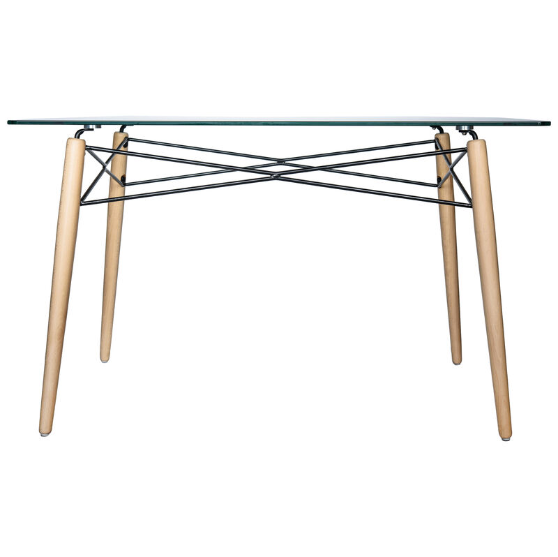 LeisureMod Dover Round Glass Top Dining Table W/ Natural Wood Eiffel Base