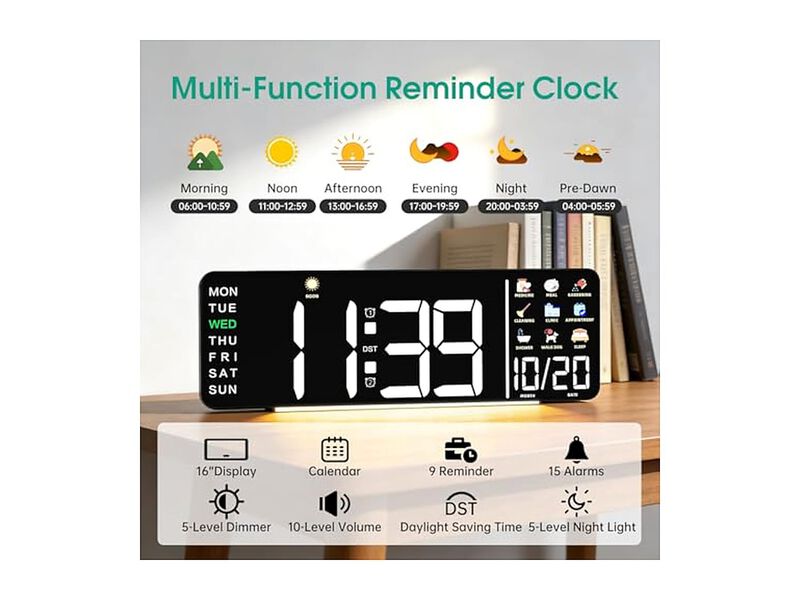 Hoifen Day Date Display Digital Calendar Wall Clock 16 Inch Glow In Dark image number 3