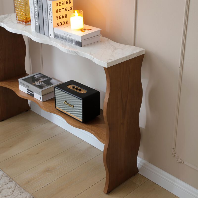 Whisper of Waves Modern Console Table with Marble Pattern Top & Solid Wood Veneer Shelf image number 6