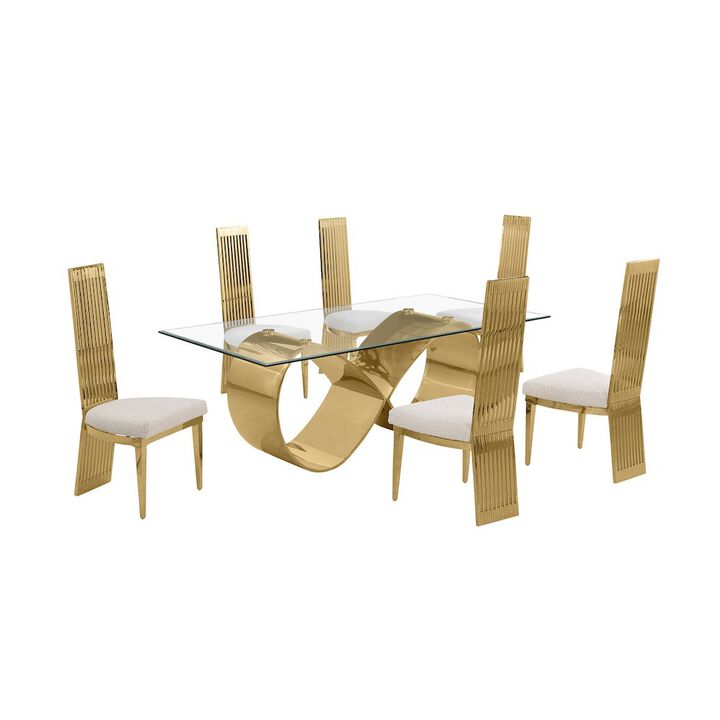 Best Quality Furniture 7Pc Tempered Glass Dining Set With 6 Cream Boucle Fabric Side Chairs