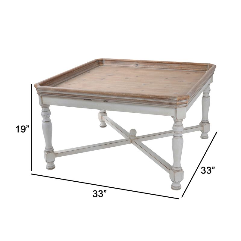 Fin 33 Inch Coffee Table, Tray Top, Rustic Fir Wood, Antique White, Brown-Benzara