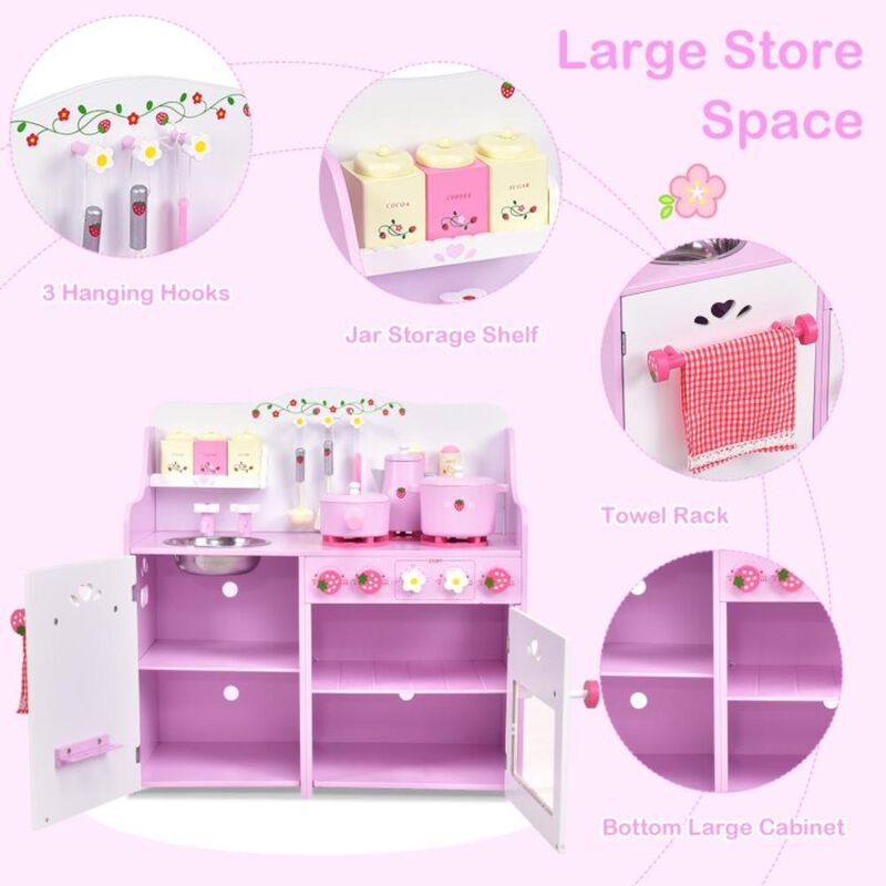 Hivvago Kids Wooden Kitchen Toy Strawberry Pretend Cooking Playset