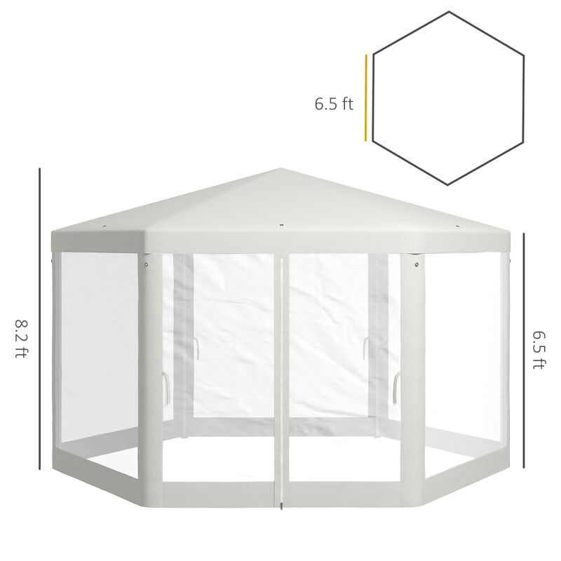 Outsunny 13' x 11' Outdoor Party Tent, Hexagon Sun Shade Shelter Canopy with Protective Mesh Screen Sidewalls, Ropes & Stakes, Cream White
