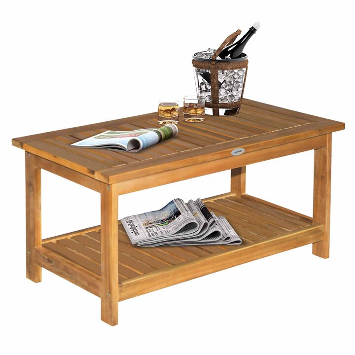 Backyard & Deck Wooden Tea Table w/ Simply Elegant Design & Two Storage Surfaces