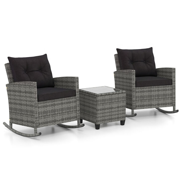 3-Piece Outdoor Rattan Rocking Bistro Set with Cushions and Glass Table