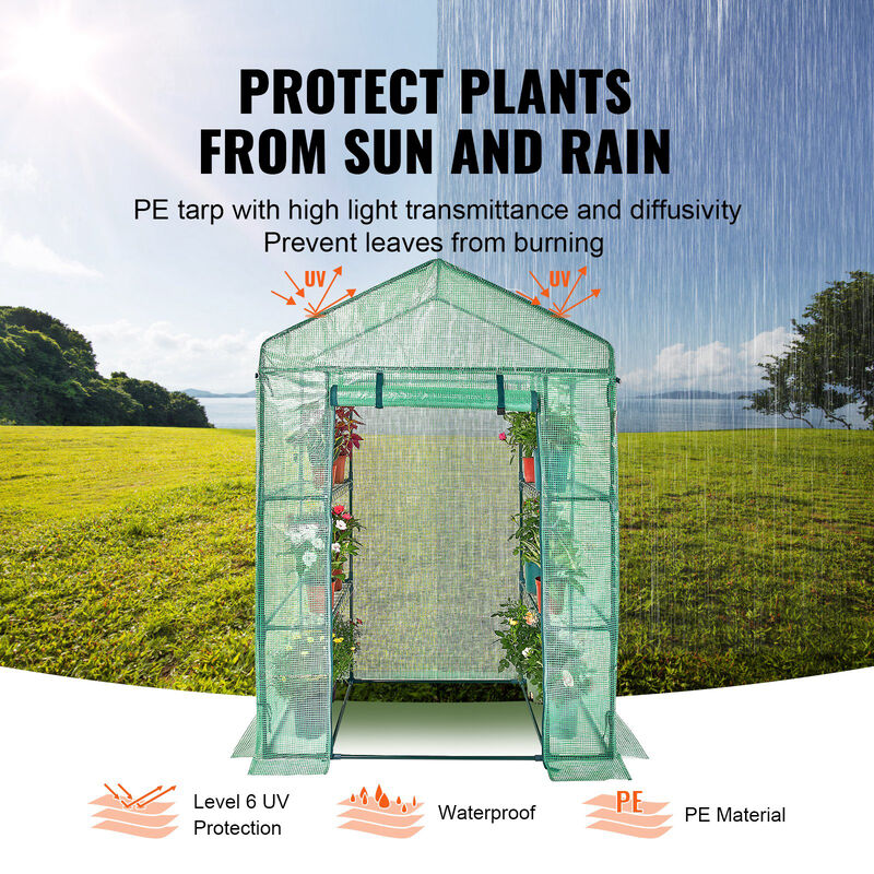 Portable Walk-in Greenhouse with Shelves, Roll-Up Windows, and Heavy-Duty PE Cover