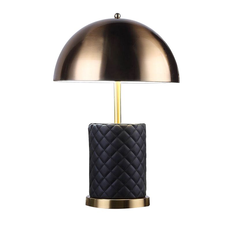 Aria 21 Inch Table Lamp, Dome Shade, Round Base, Black Faux Leather, Brass - Benzara