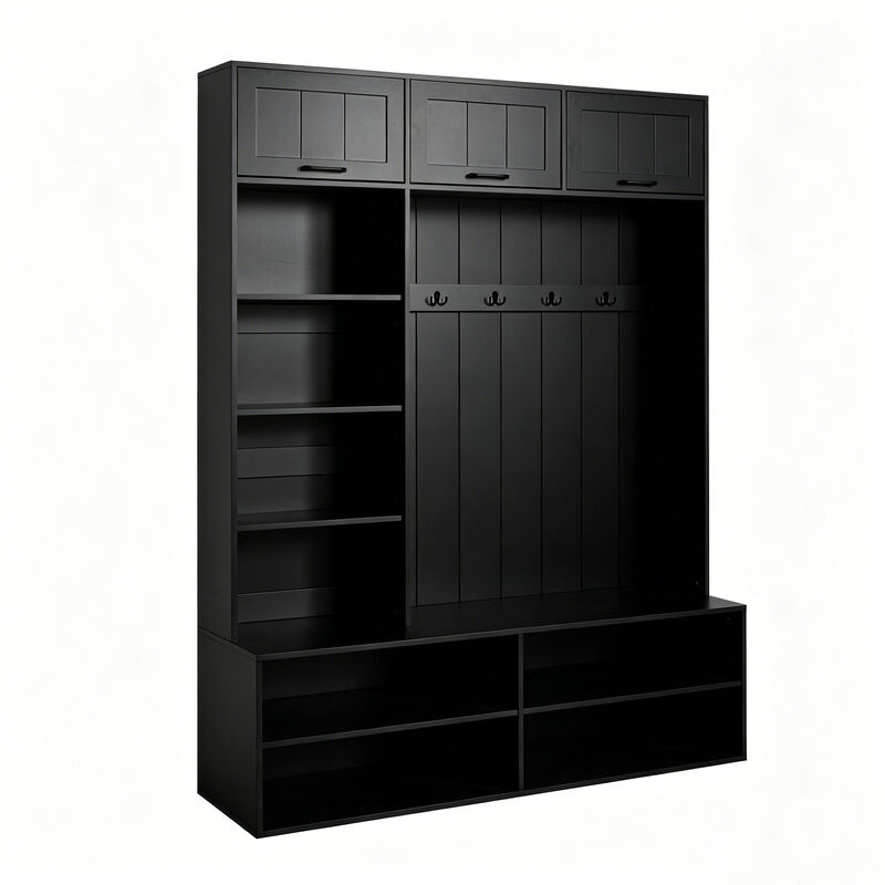 Merax Versatile Entryway Storage Unit with Open Shelving, Closed Cabinets, Hanging Hooks image number 0