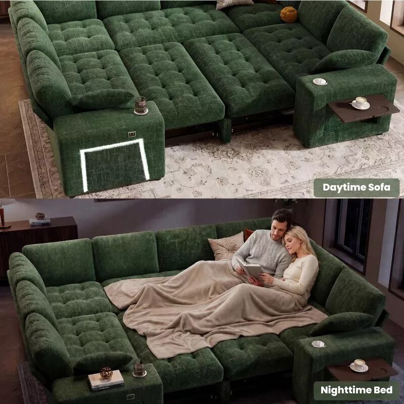 Vipbear 110" Modular Sectional Sleeper Sofa, 8-Seater Chenille U-Shaped Couch with Pull-Out Beds image number 7