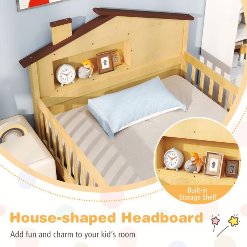 Hivvago Twin Size Kids Montessori Bed with House-Shaped Headboard and Built-in Storage Shelf