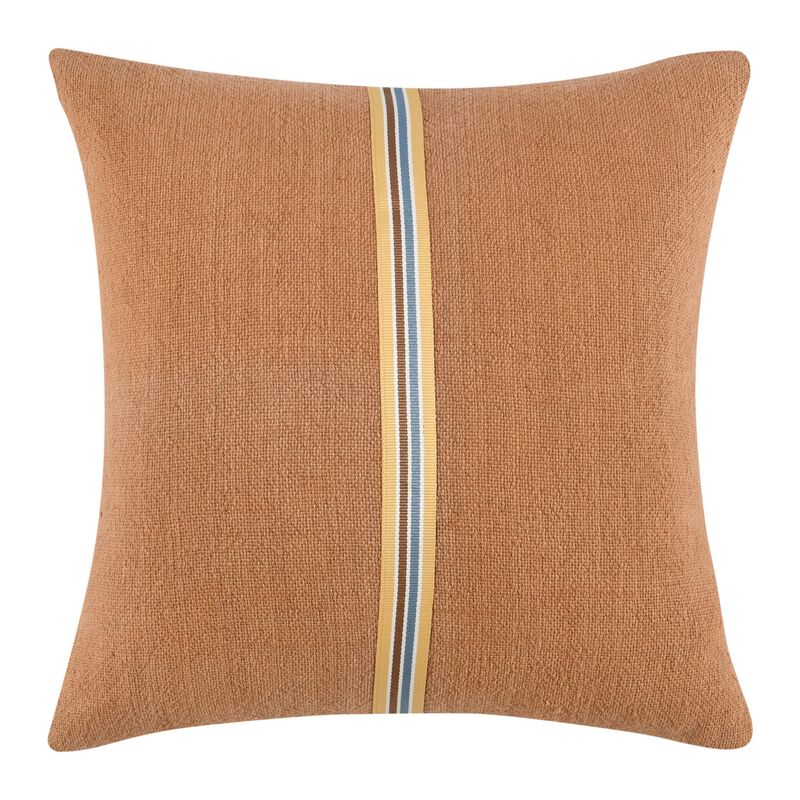 Square Accent Throw Pillow, 22 Inch Striped Brown Cotton Linen Blend - Benzara