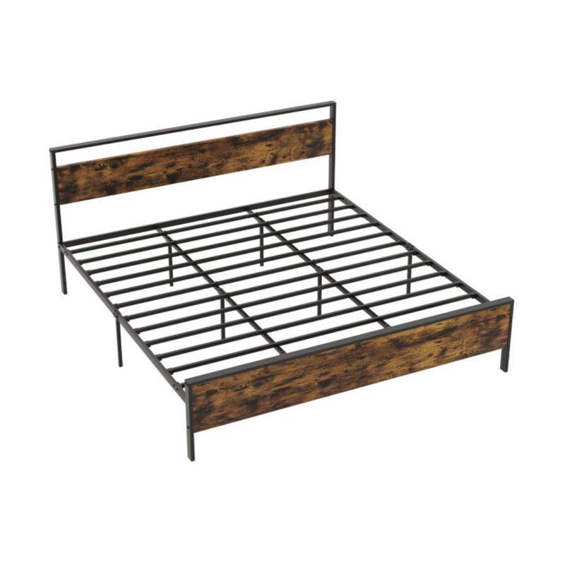Hivvago Metal Bed Frame Industrial Platform Bed with Wooden Headboard