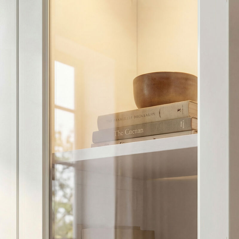 FUFU&GAGA 8-Drawer and 4-Door Modern Display Bookcase with Fixed Shelves and Tempered Glass 63''L x 16''W x 78.7''H White image number 6