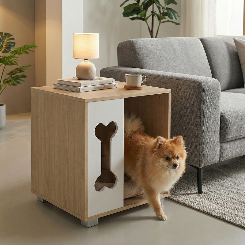 Wooden Dog Condo End Table with Bone Window and Metal Legs-Natural image number 5