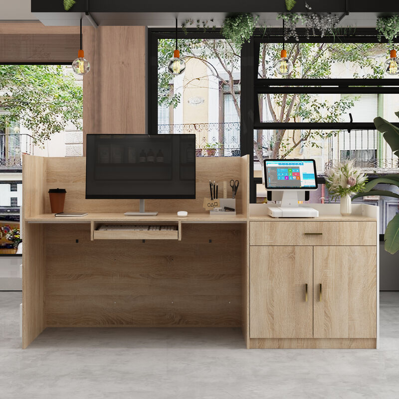Reception Desk with Drawer & Cabinet, Reception Counter Desk with Keyboard Tray, Front Reception Table Retail Counter for Checkout, for Office Store, Oak and White, 25.2”D x 87.2”W x 47.2”H
