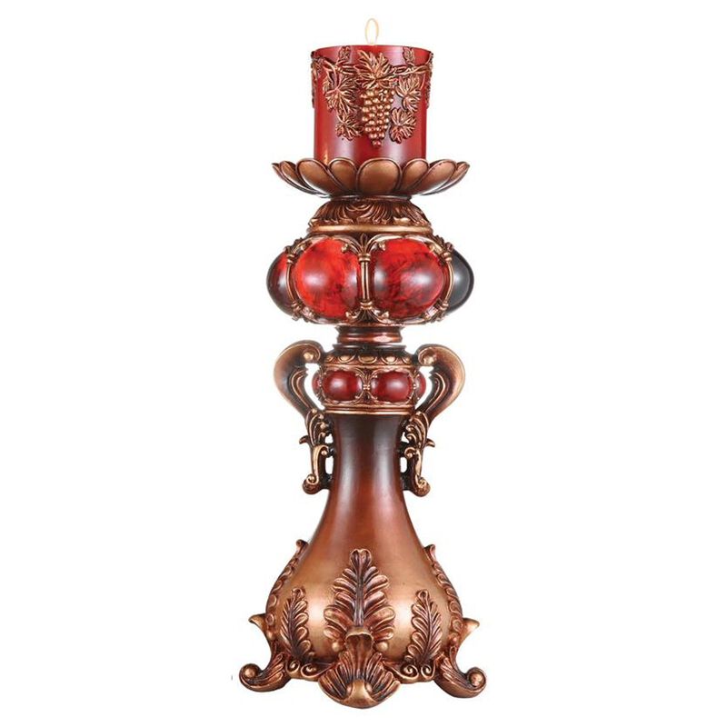 Homezia 20" Brown and Red Faux Marble Tabletop Candle Holder and Candle image number 2